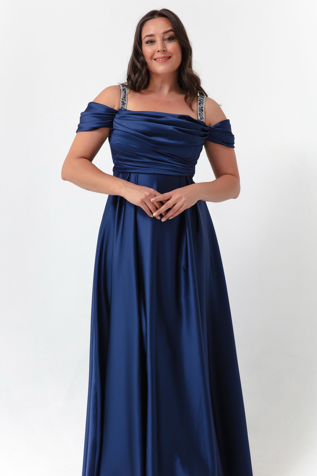 Lafaba Women&#039;s Navy Blue Stone Strap Draped Plus Size Long Evening Dress