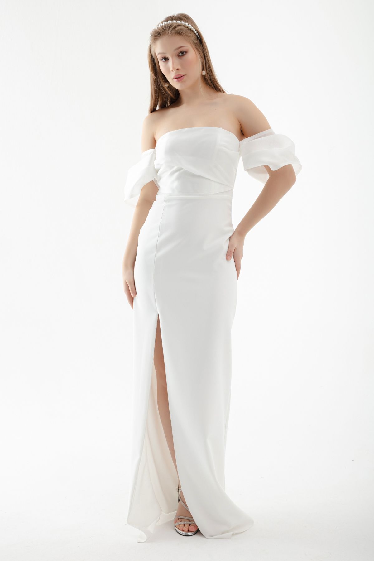 Lafaba Women's White Princess Sleeve Organza Long Evening Dress