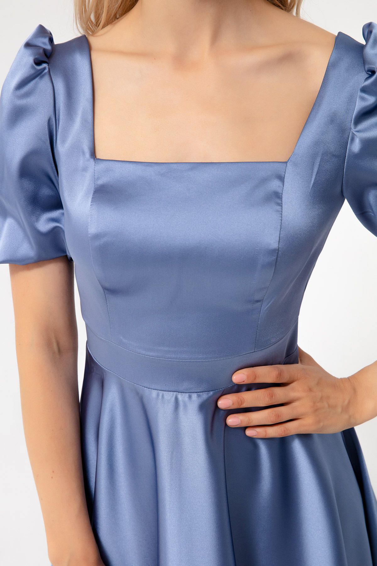 Lafaba Women's Indigo Balloon Sleeve Flared Cut Midi Satin Evening Dress