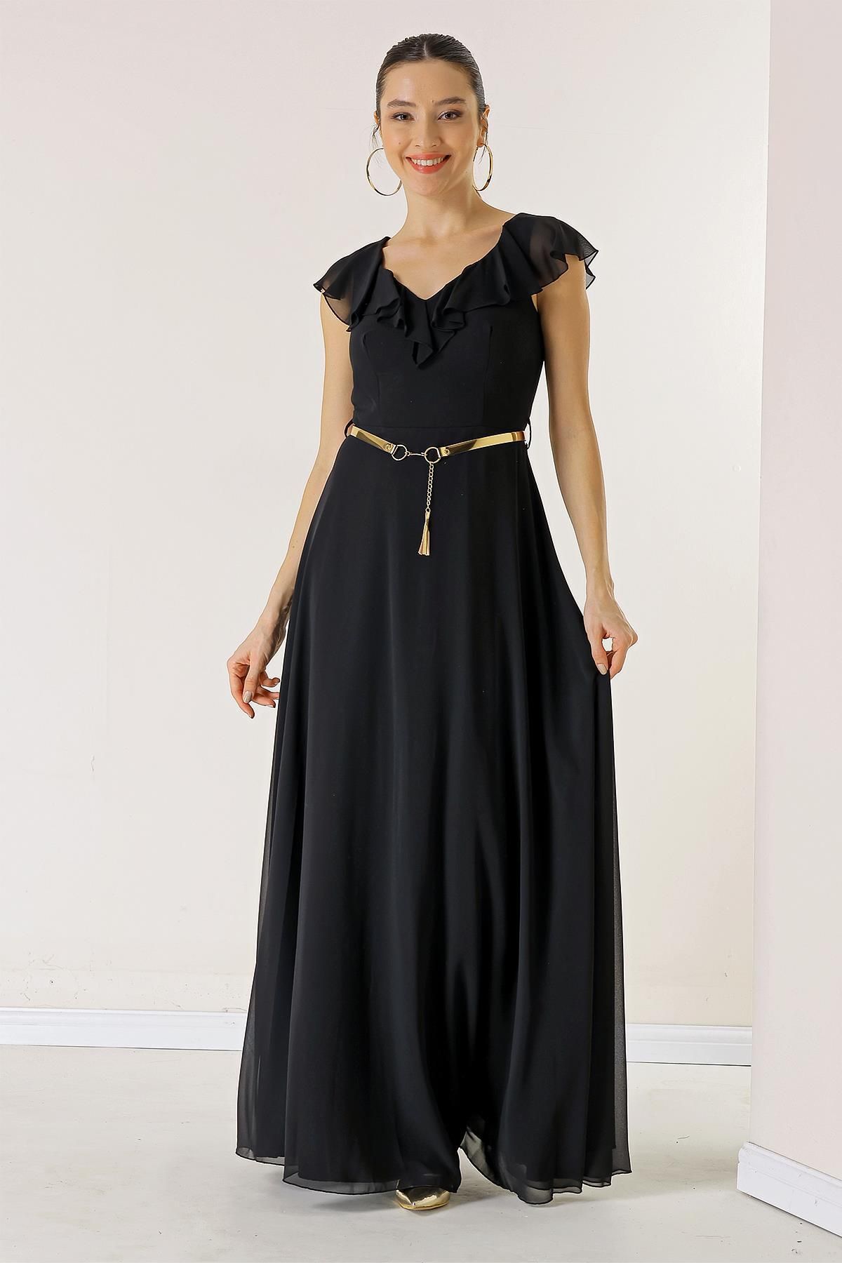 By Saygı Flounced Collar, Belted Waist, Lined Long Chiffon Dress