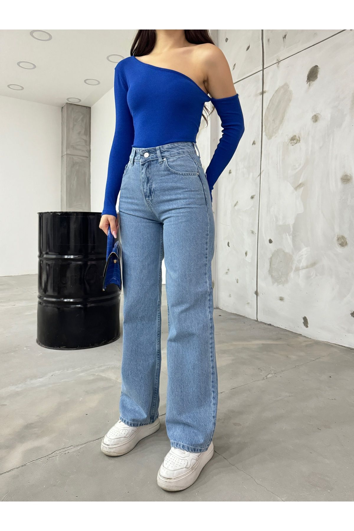 BİKELİFE Womens Blue High Waist Lycra Flexible Wide Leg Jeans