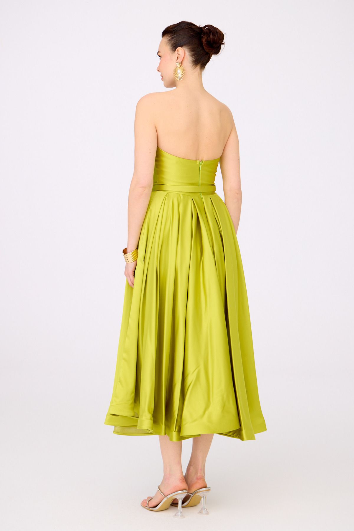 Carmen Pistachio Green Satin Strapless Midi Promise And Engagement Dress