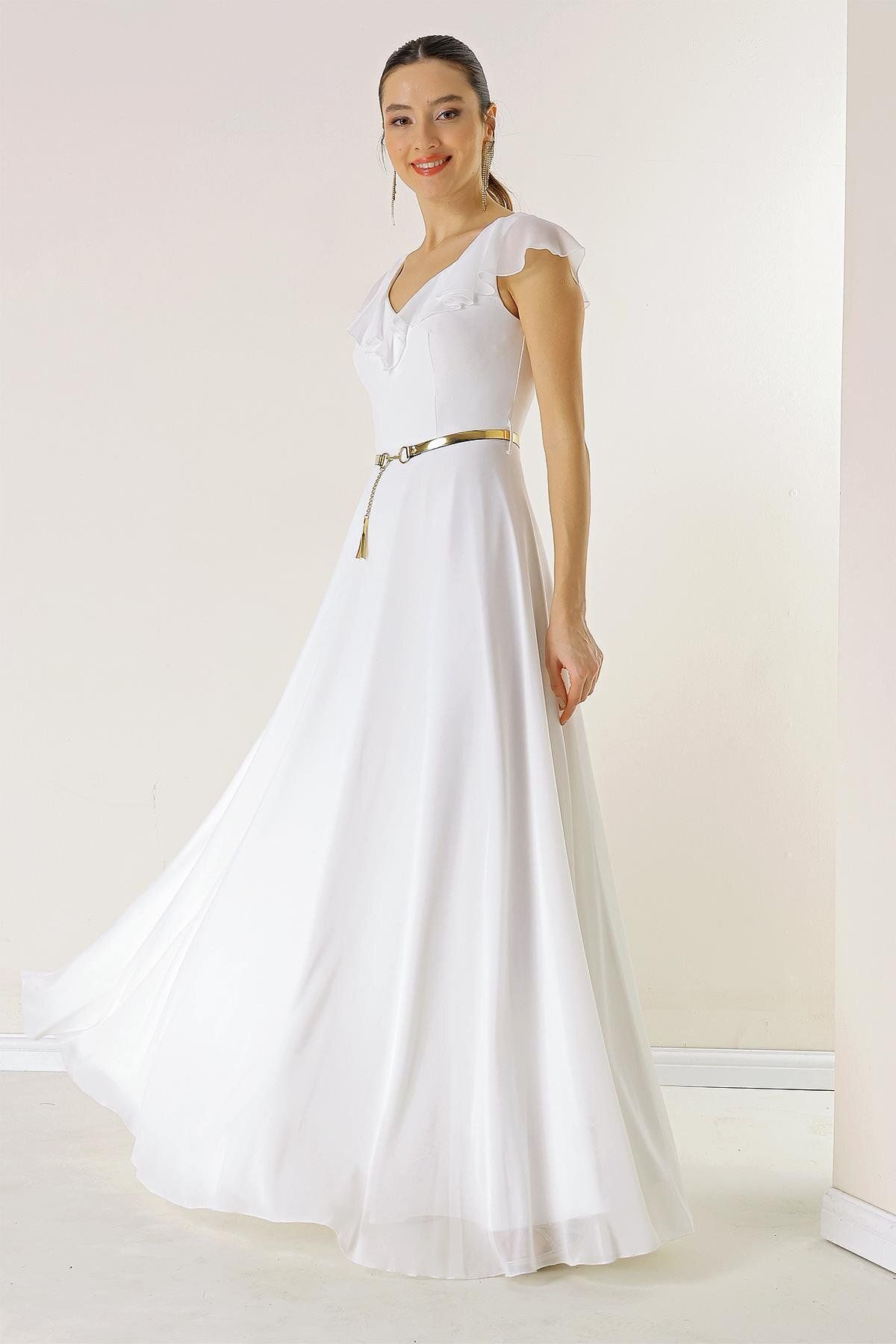 By Saygı Flounced Collar, Belted Waist, Lined Long Chiffon Dress