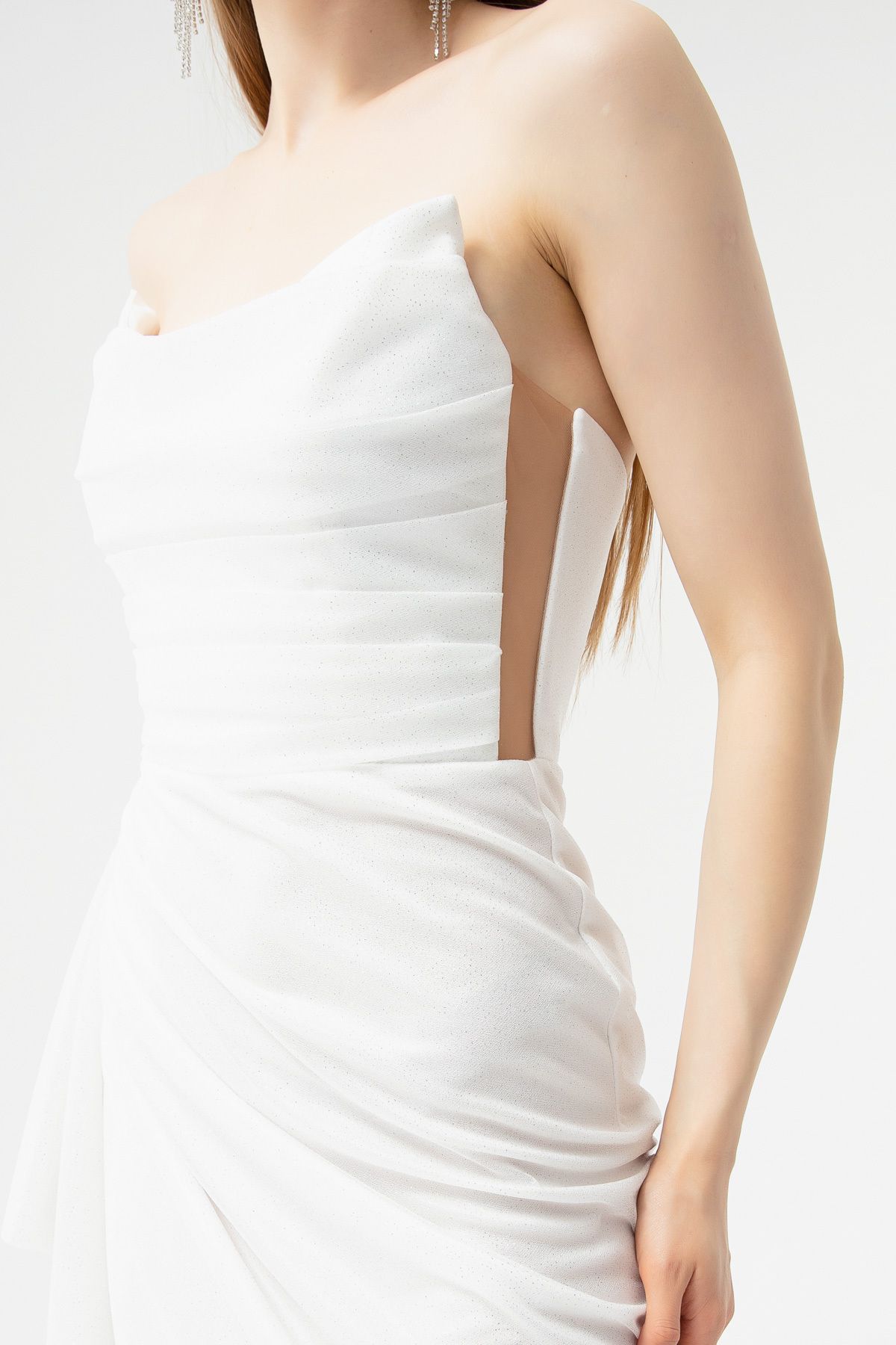 Lafaba Women's White Bust Draped Glittery Slit Evening Dress.