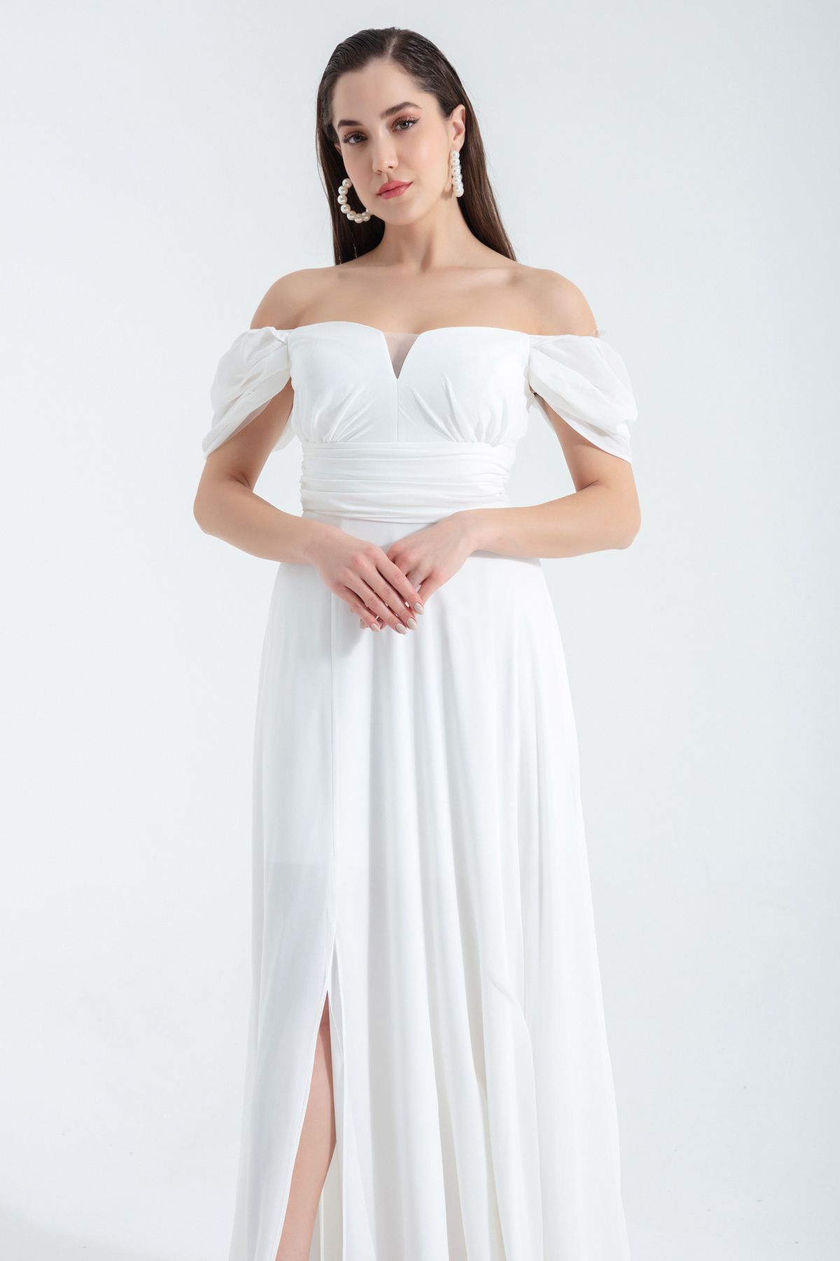 Lafaba Women's White Open Shoulder Slit Detailed Tulle Evening Dress