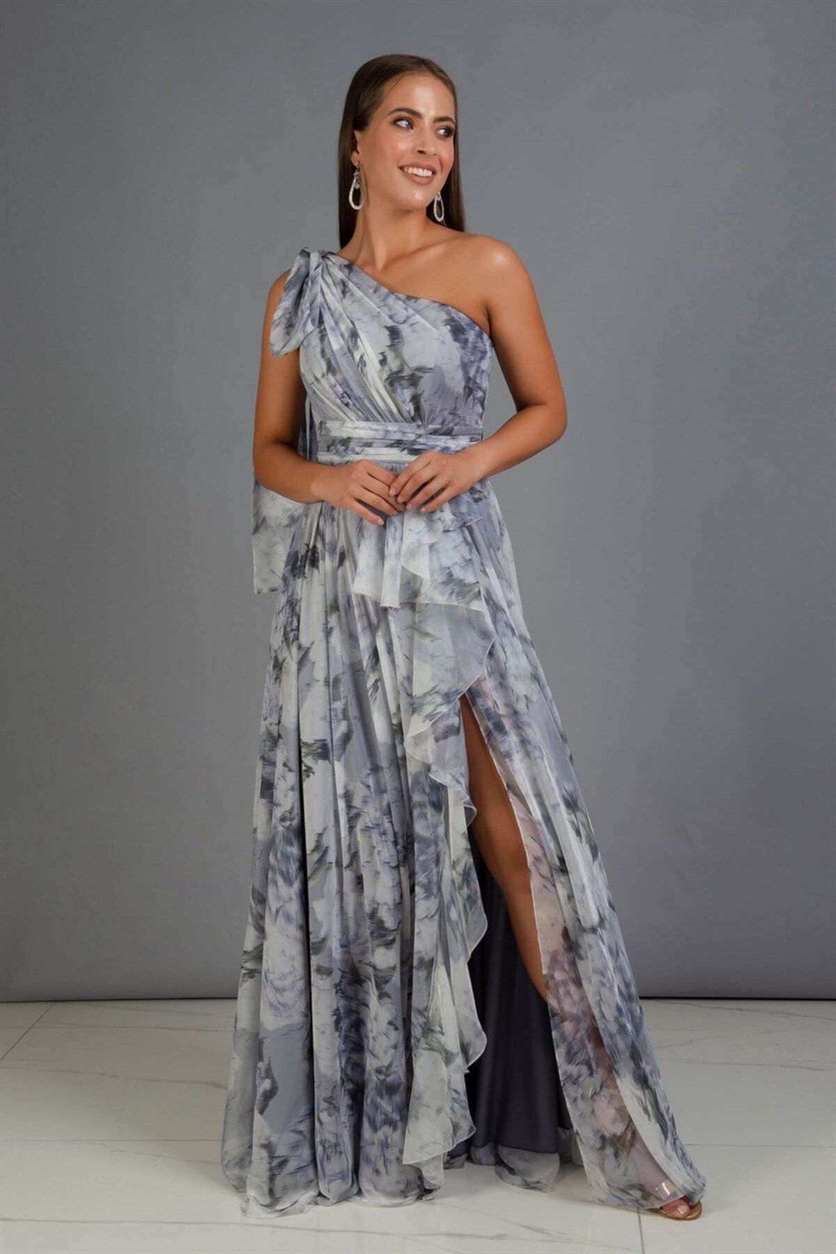 Carmen Indigo Printed Single Sleeve Slit Long Evening Dress