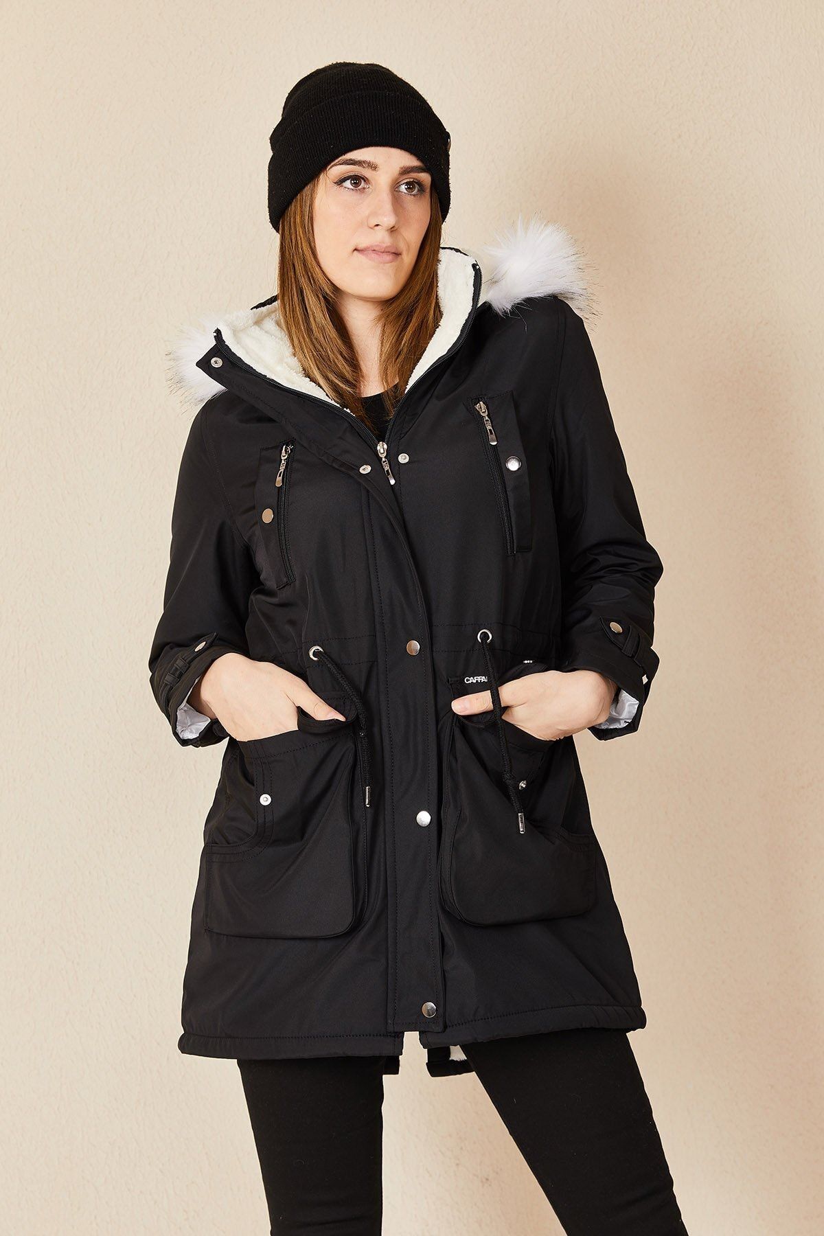 HAKKE Women's Snap-Up Hooded Fur Coat with Chest Pocket