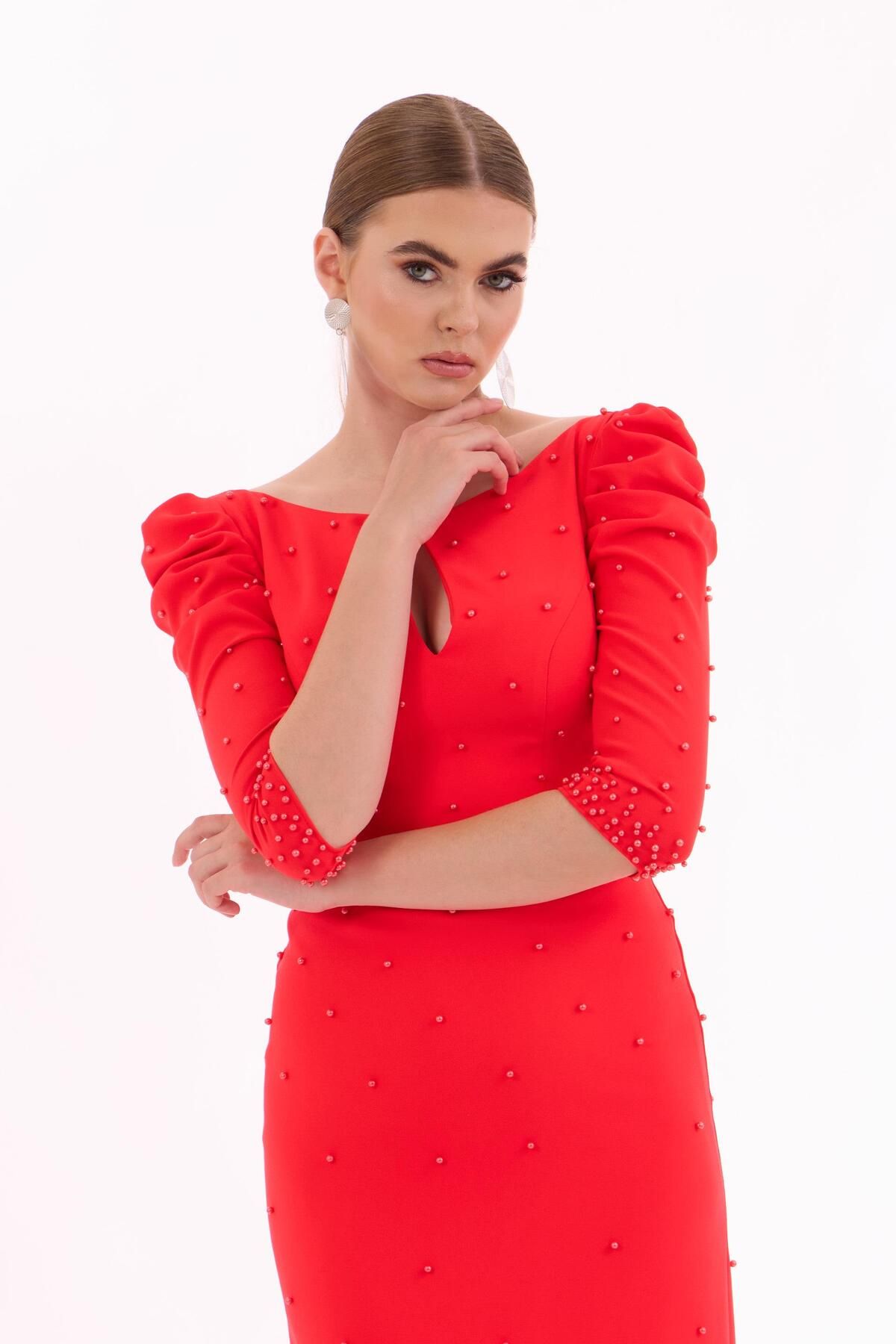 Carmen Coral Crepe Pearl Embroidered Long Evening Dress