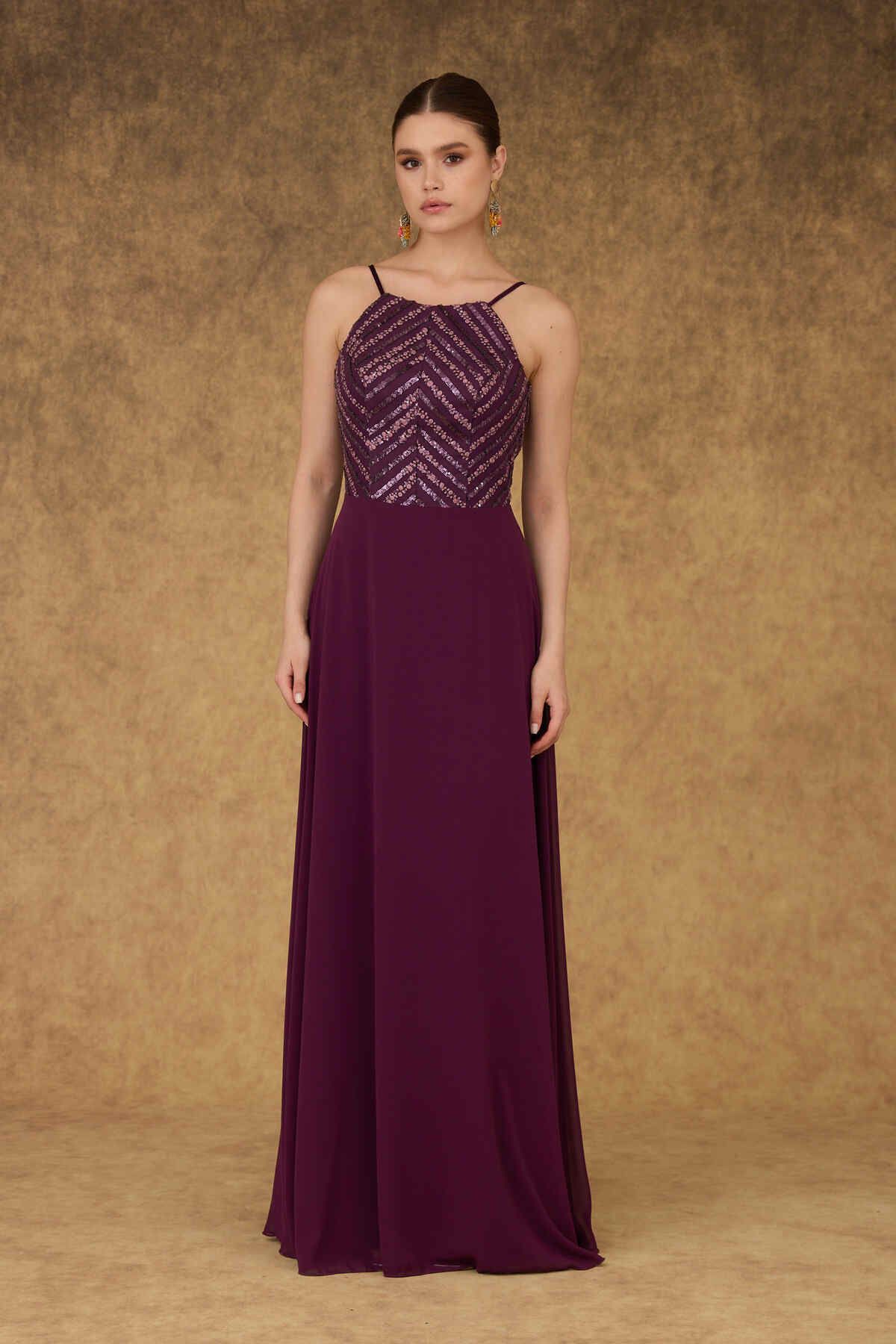 Carmen Plum Halter Sequined Long Evening Dress.
