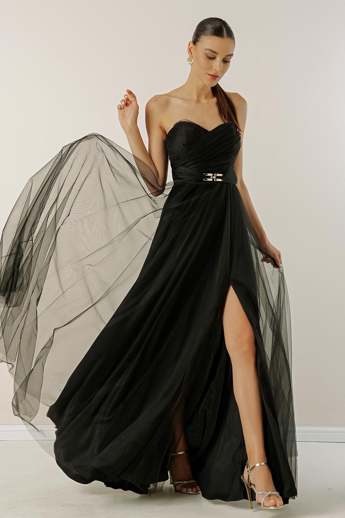 By Saygı Strapless Waist Buckled Front Draped Lined Long Tulle Dress