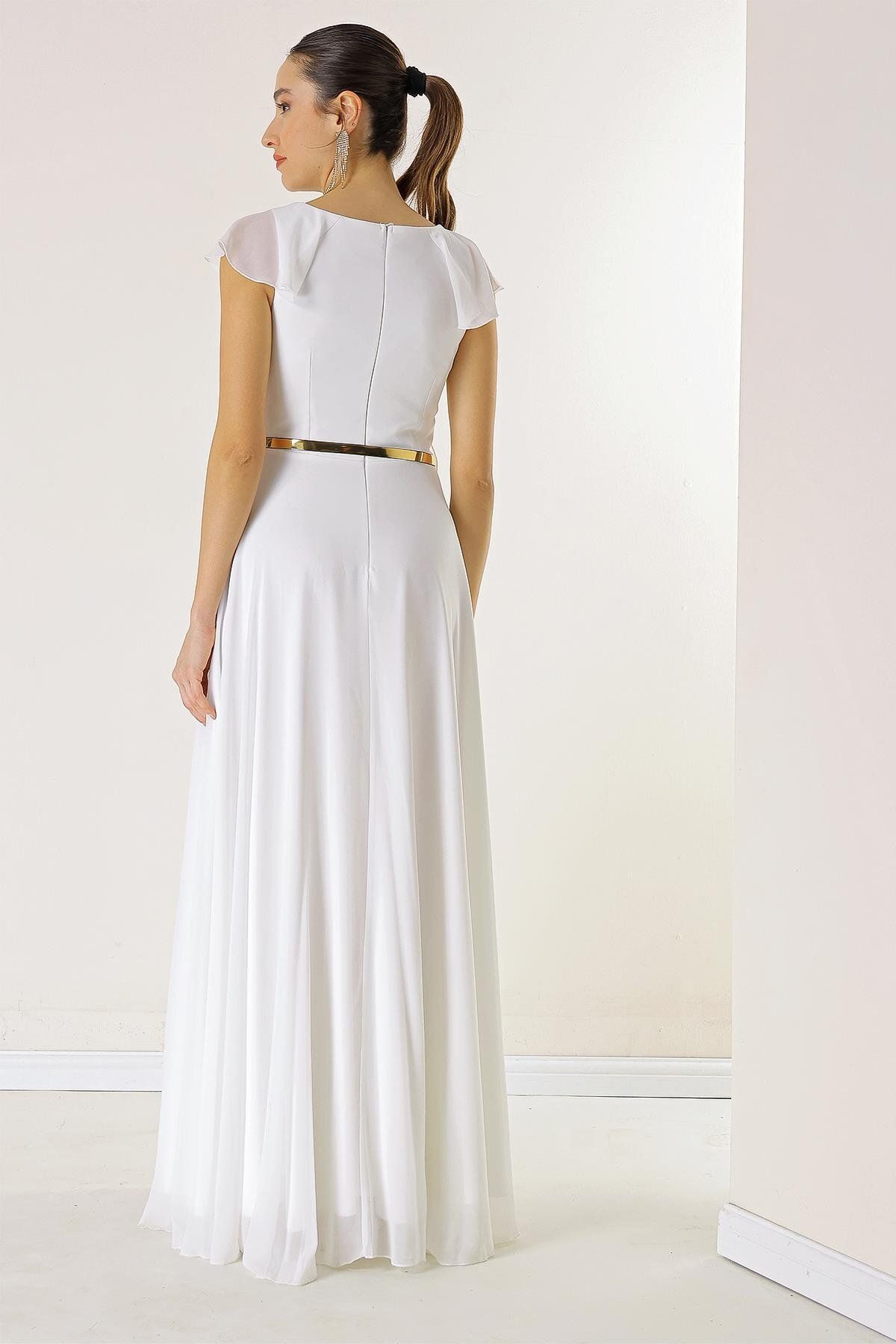 By Saygı Flounced Collar, Belted Waist, Lined Long Chiffon Dress