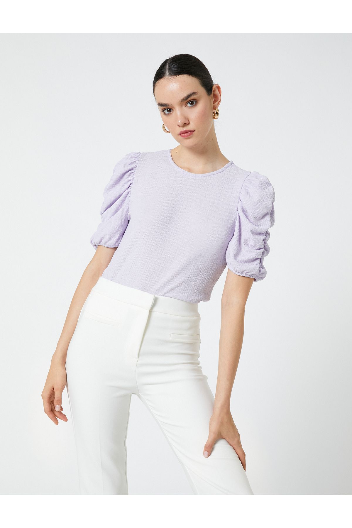 Koton Gathered Sleeves T-Shirt Crew Neck