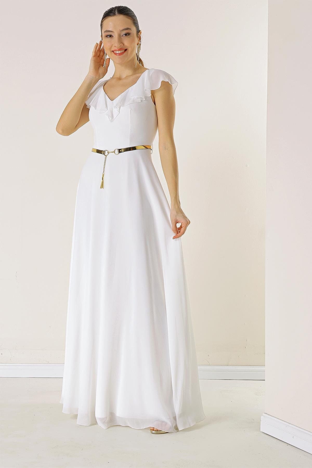 By Saygı Flounced Collar, Belted Waist, Lined Long Chiffon Dress