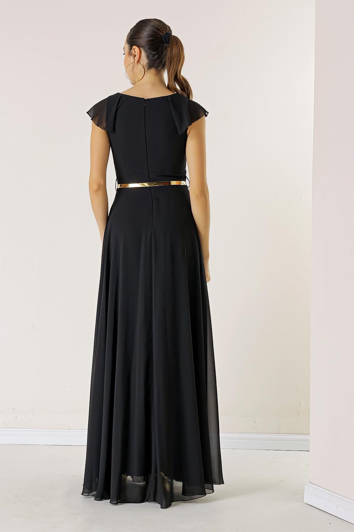 By Saygı Flounced Collar, Belted Waist, Lined Long Chiffon Dress