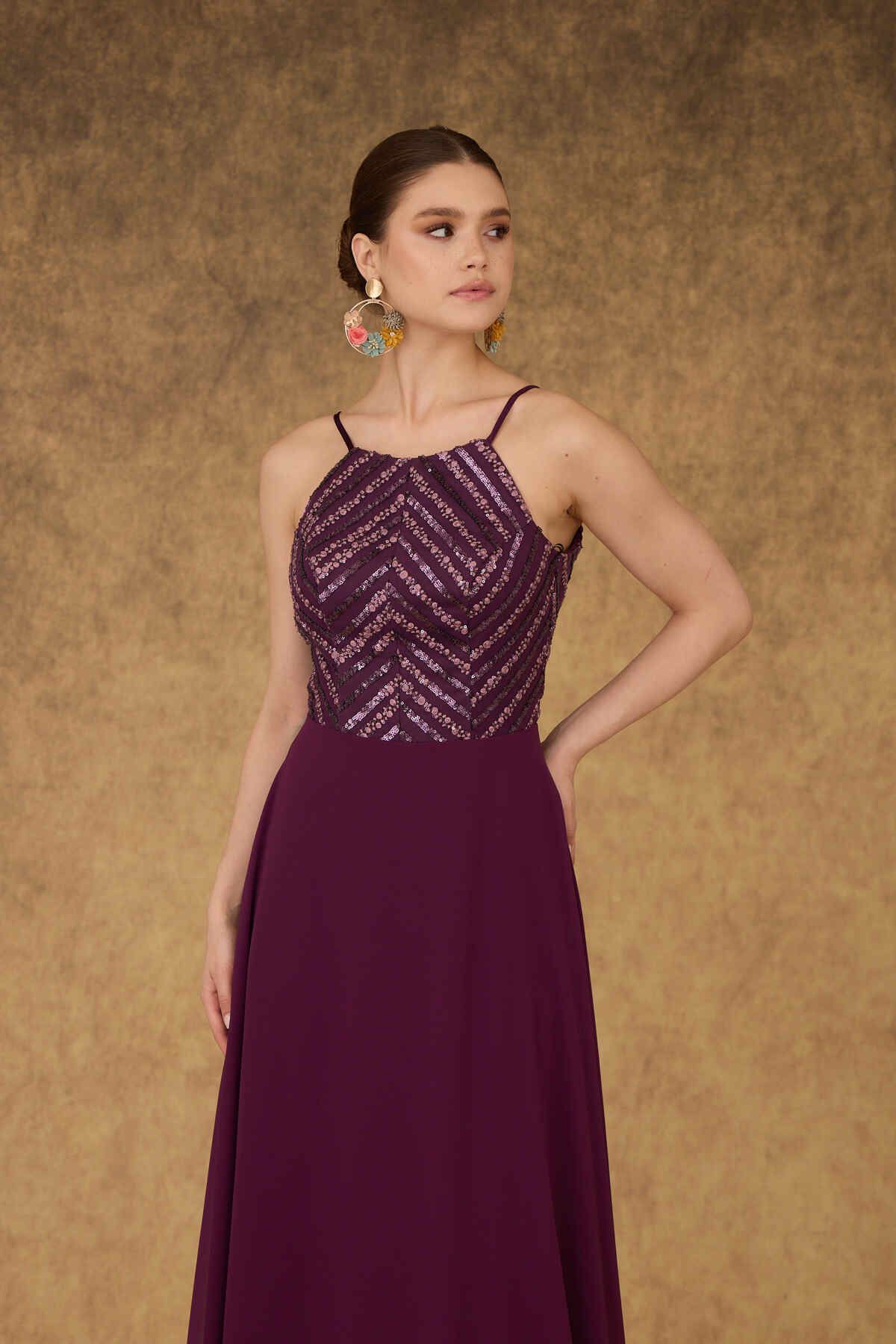 Carmen Plum Halter Sequined Long Evening Dress.