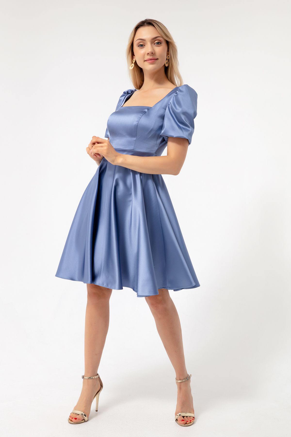 Lafaba Women's Indigo Balloon Sleeve Flared Cut Midi Satin Evening Dress