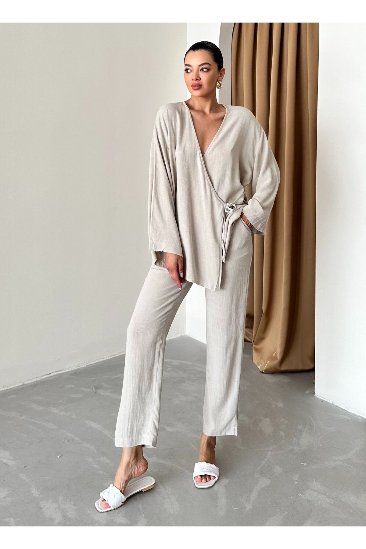 Laluvia Stone Color Double Breasted Cotton Kimono Trousers Set