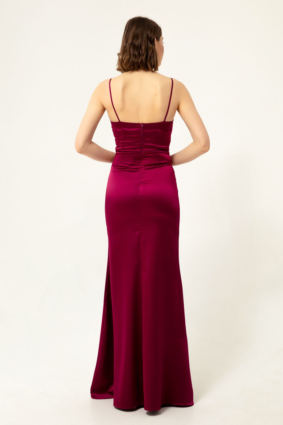 Lafaba Femei Plum Halter Slit Long Satin Evening Dress &amp;; Prom Dress