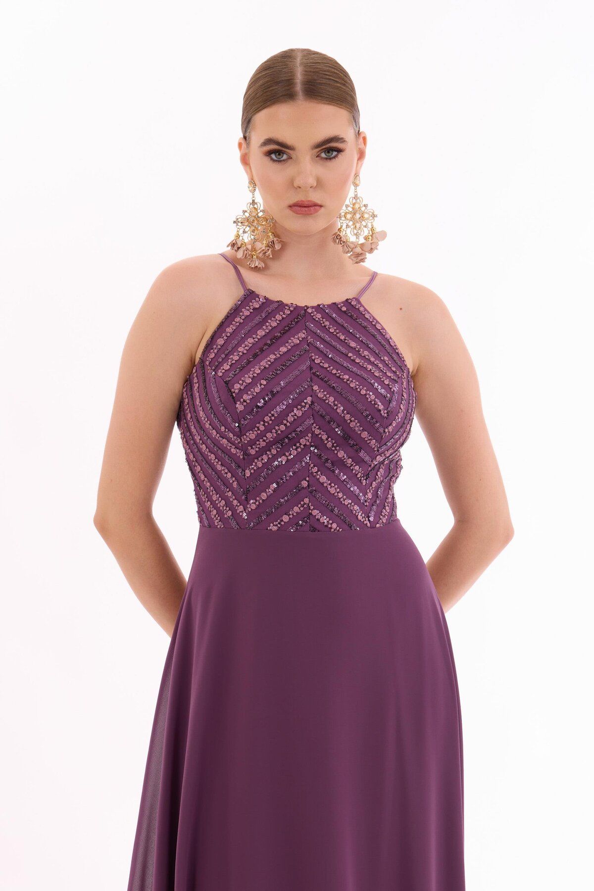Carmen Plum Halter Sequined Long Evening Dress.