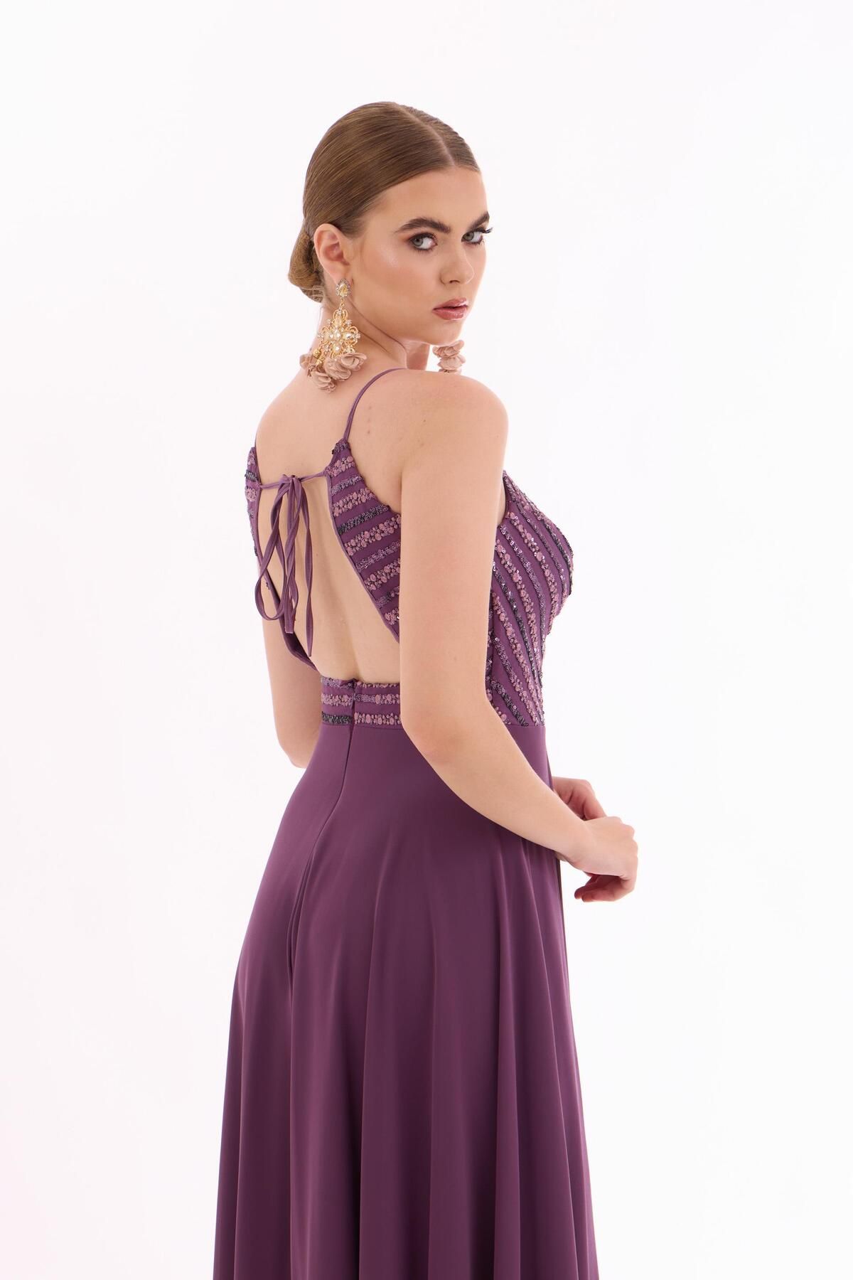 Carmen Plum Halter Sequined Long Evening Dress.