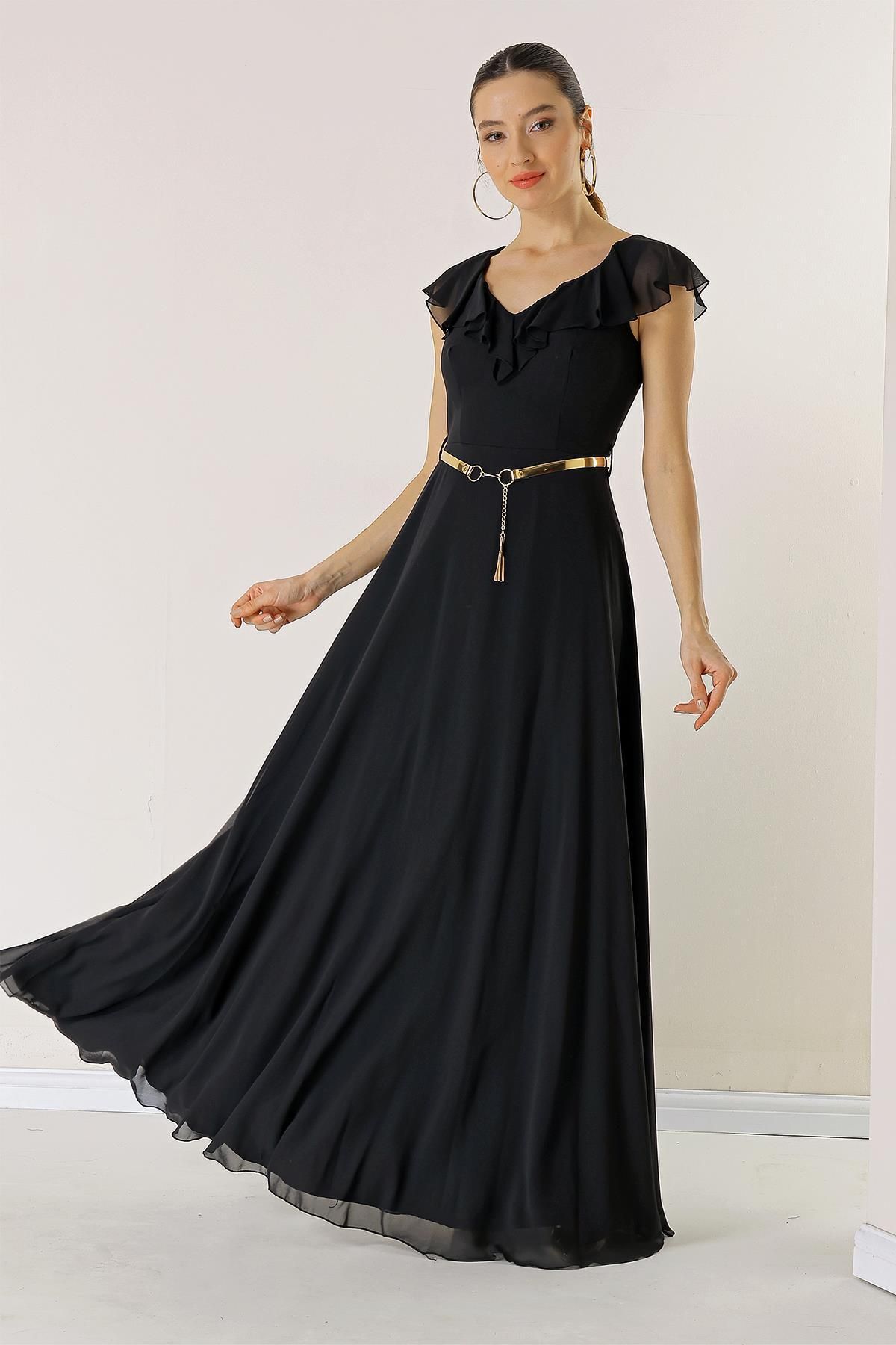 By Saygı Flounced Collar, Belted Waist, Lined Long Chiffon Dress