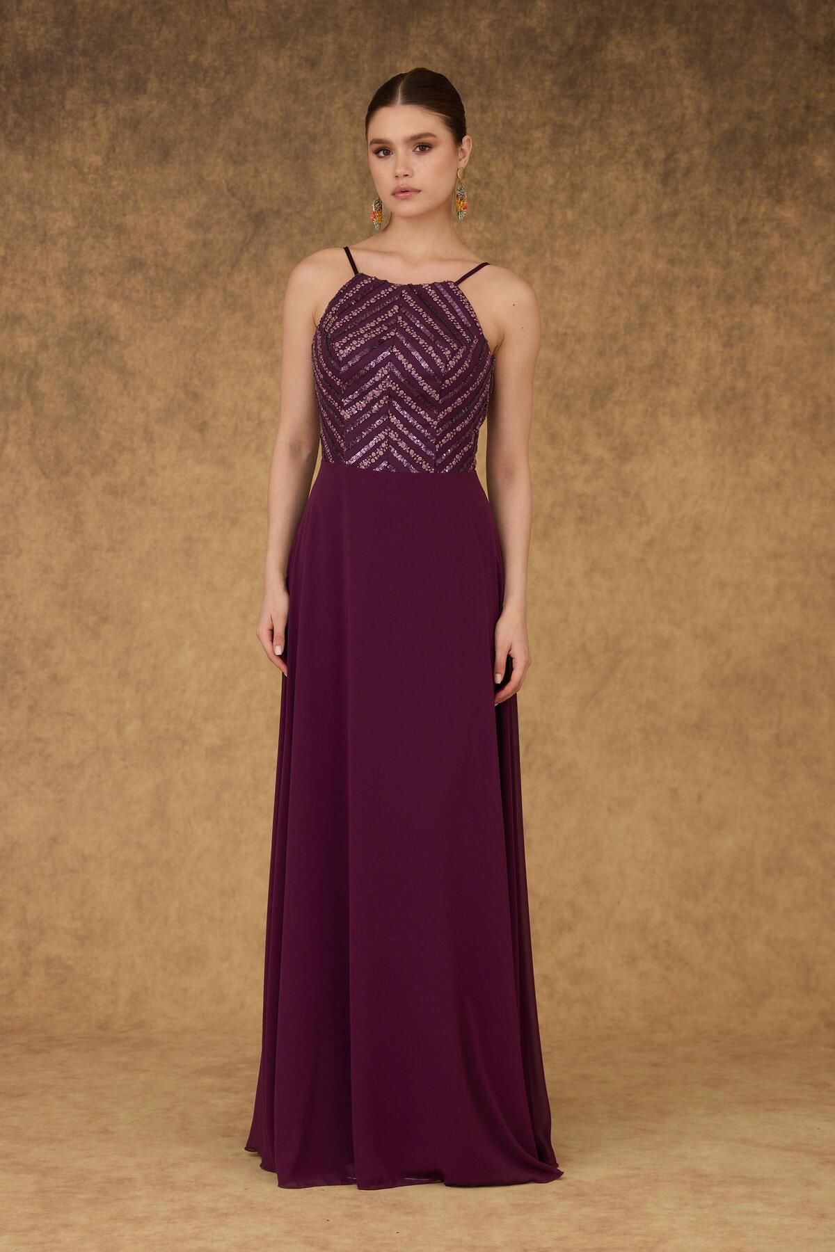 Carmen Plum Halter Sequined Long Evening Dress.