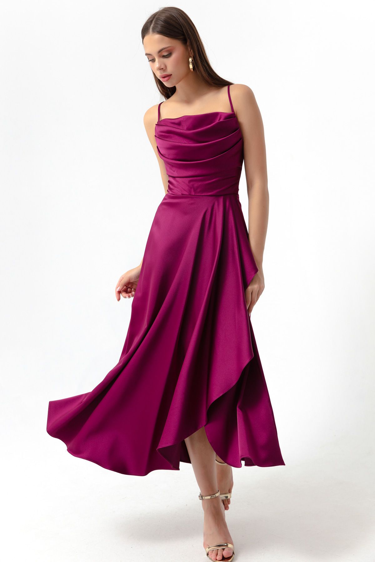 Lafaba Women's Plum Satin Midi Length Evening Dress & Prom Dress with a slit.