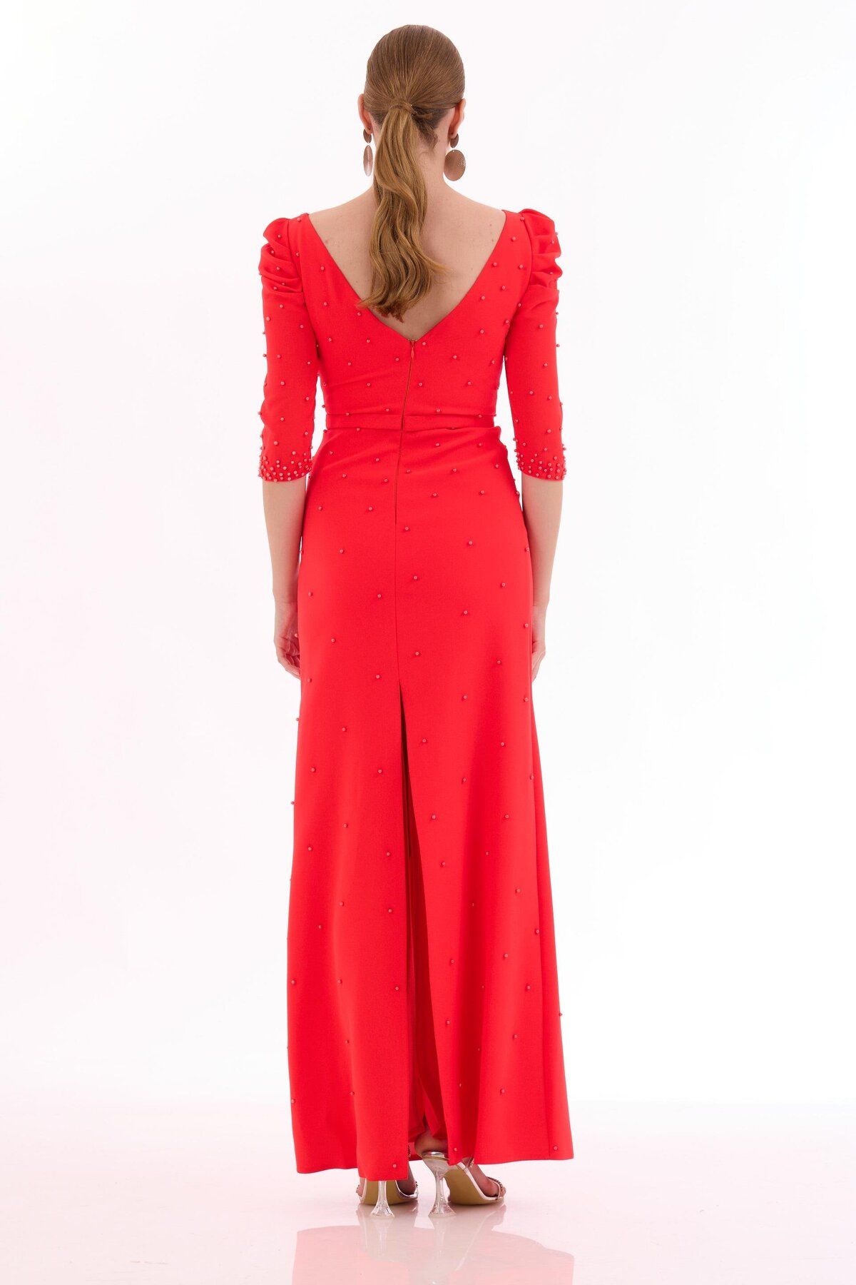 Carmen Coral Crepe Pearl Embroidered Long Evening Dress