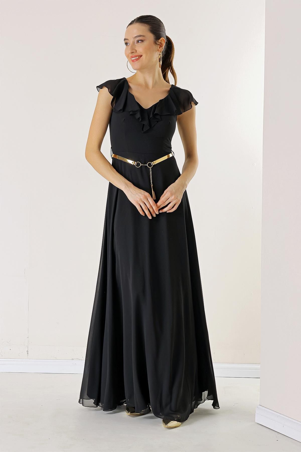 By Saygı Flounced Collar, Belted Waist, Lined Long Chiffon Dress