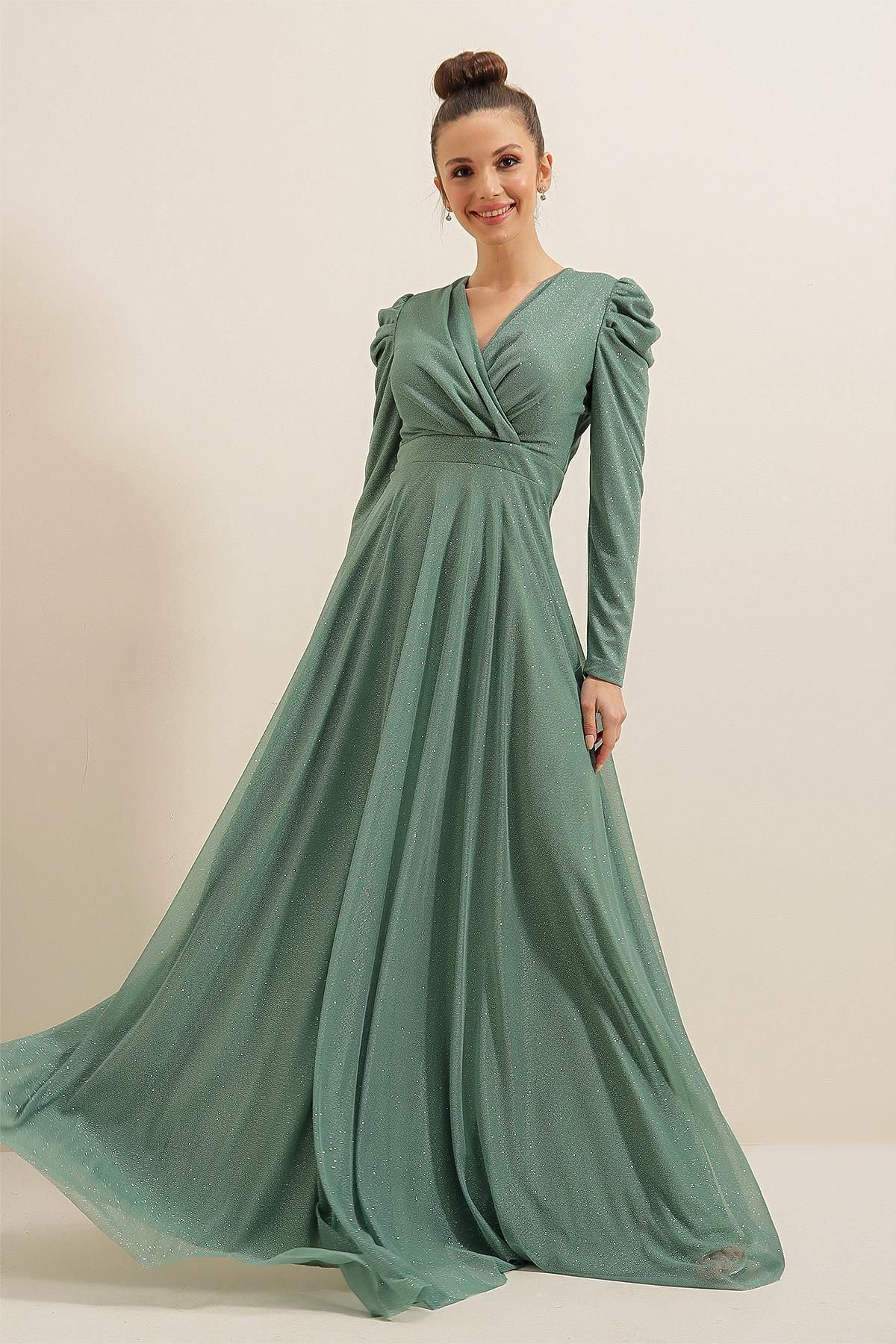 By Saygı Lace Neck Shoulder Pleated Lined Glittery Long Dress