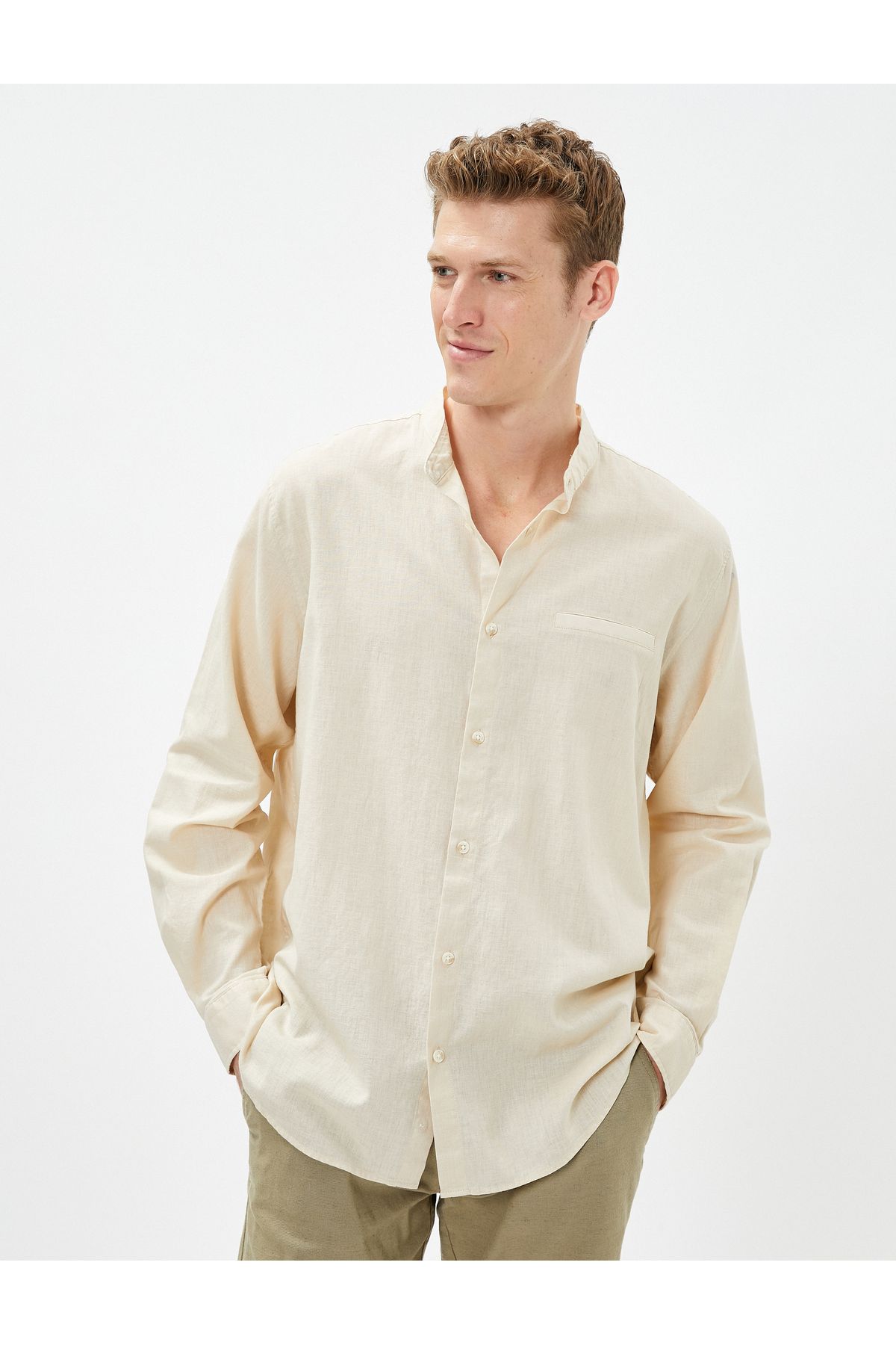 Koton Linen Blend Shirt Magnificent Collar Pocket Detailed Buttoned Long Sleeve