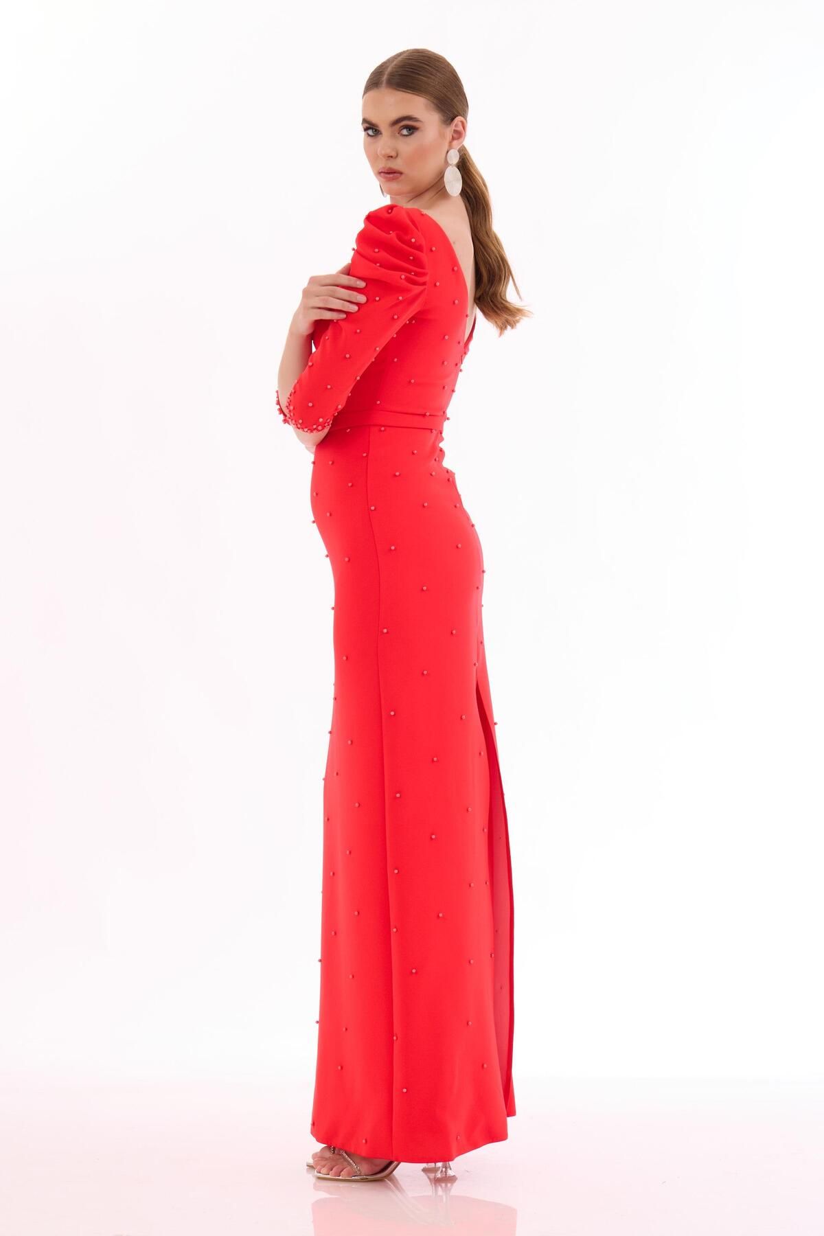 Carmen Coral Crepe Pearl Embroidered Long Evening Dress
