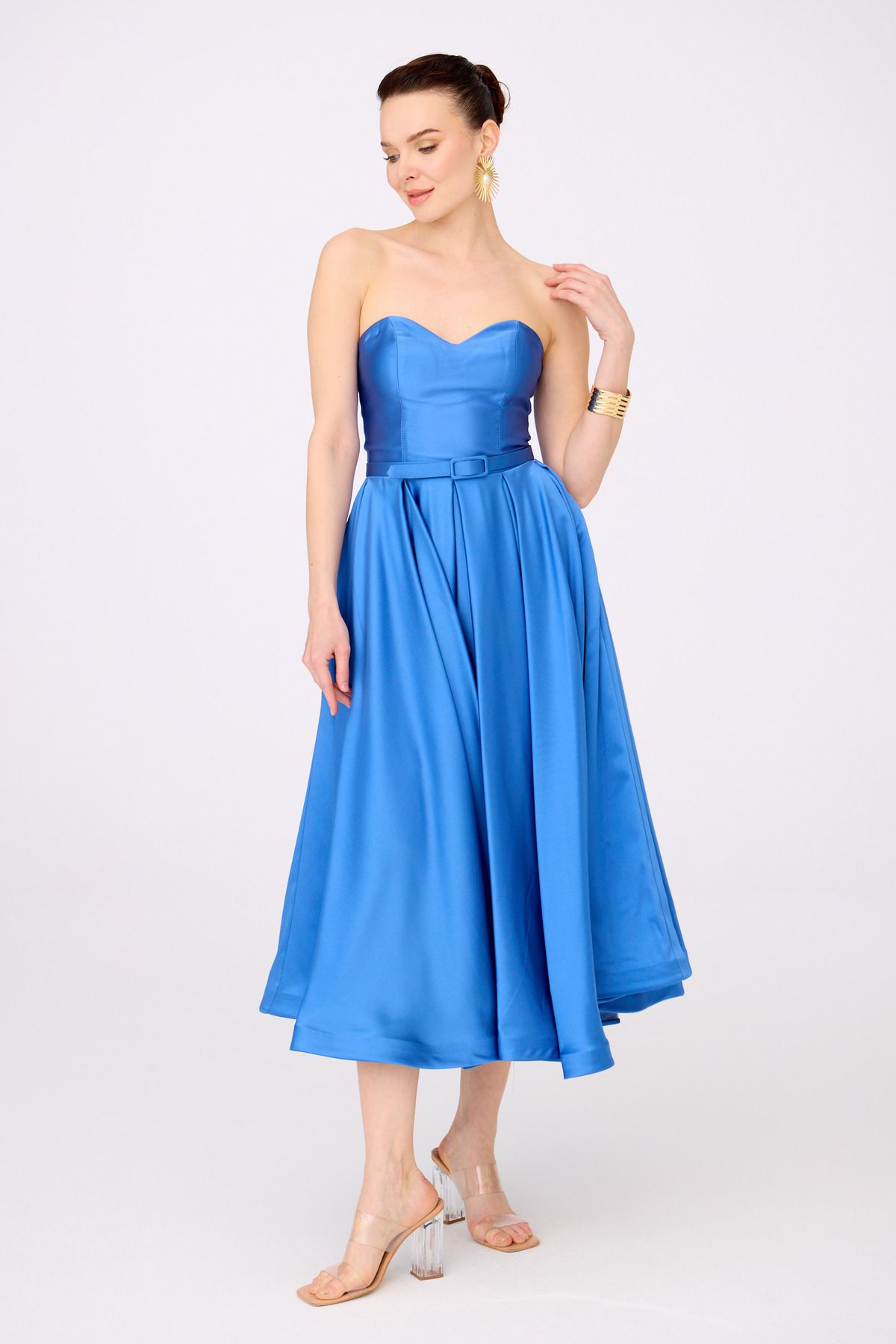 Carmen Indigo Satin Strapless Midi Promise Dress and Engagement Dress