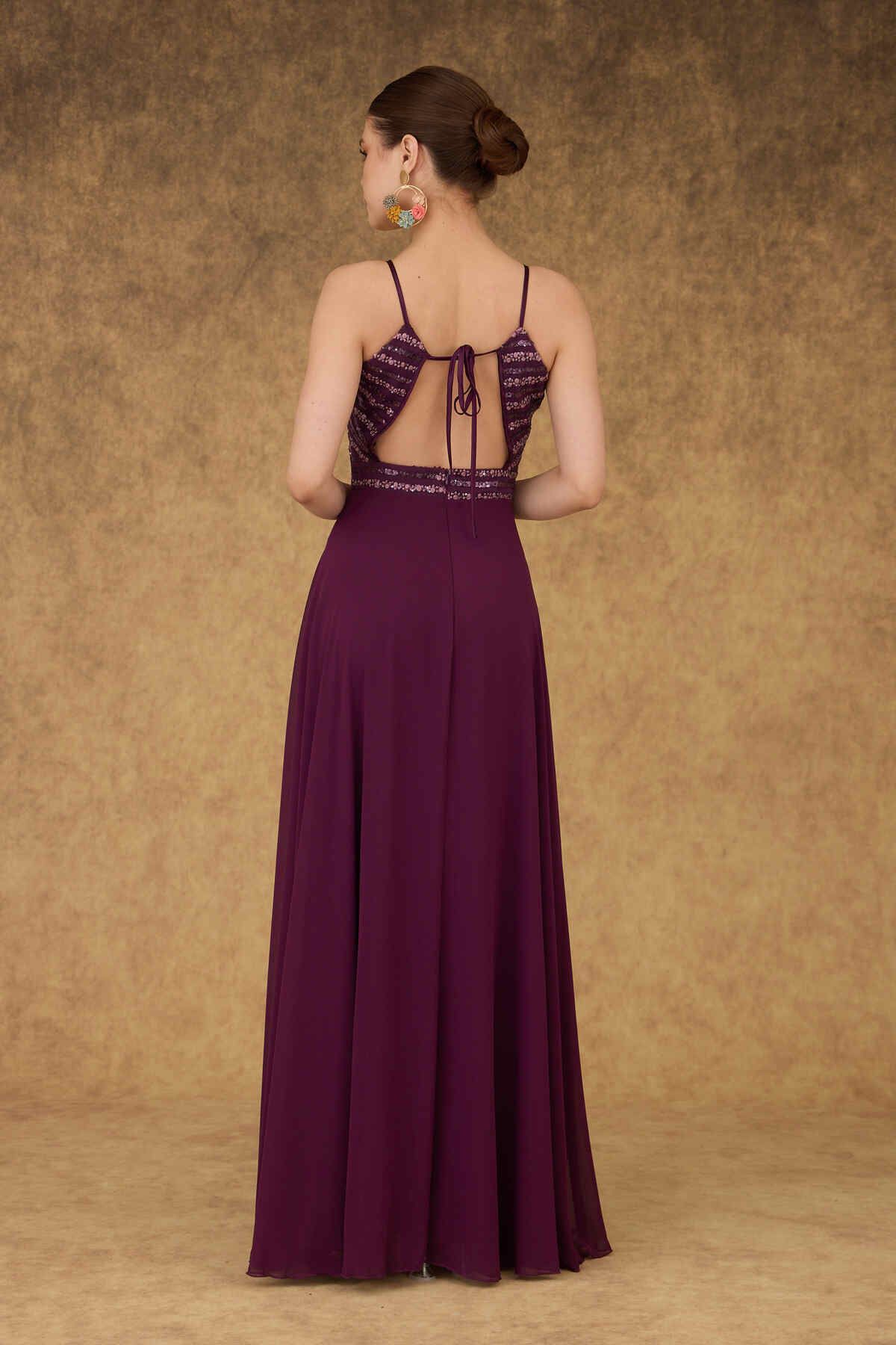 Carmen Plum Halter Sequined Long Evening Dress.