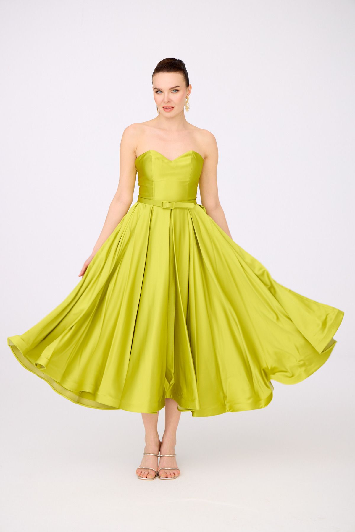Carmen Pistachio Green Satin Strapless Midi Promise And Engagement Dress