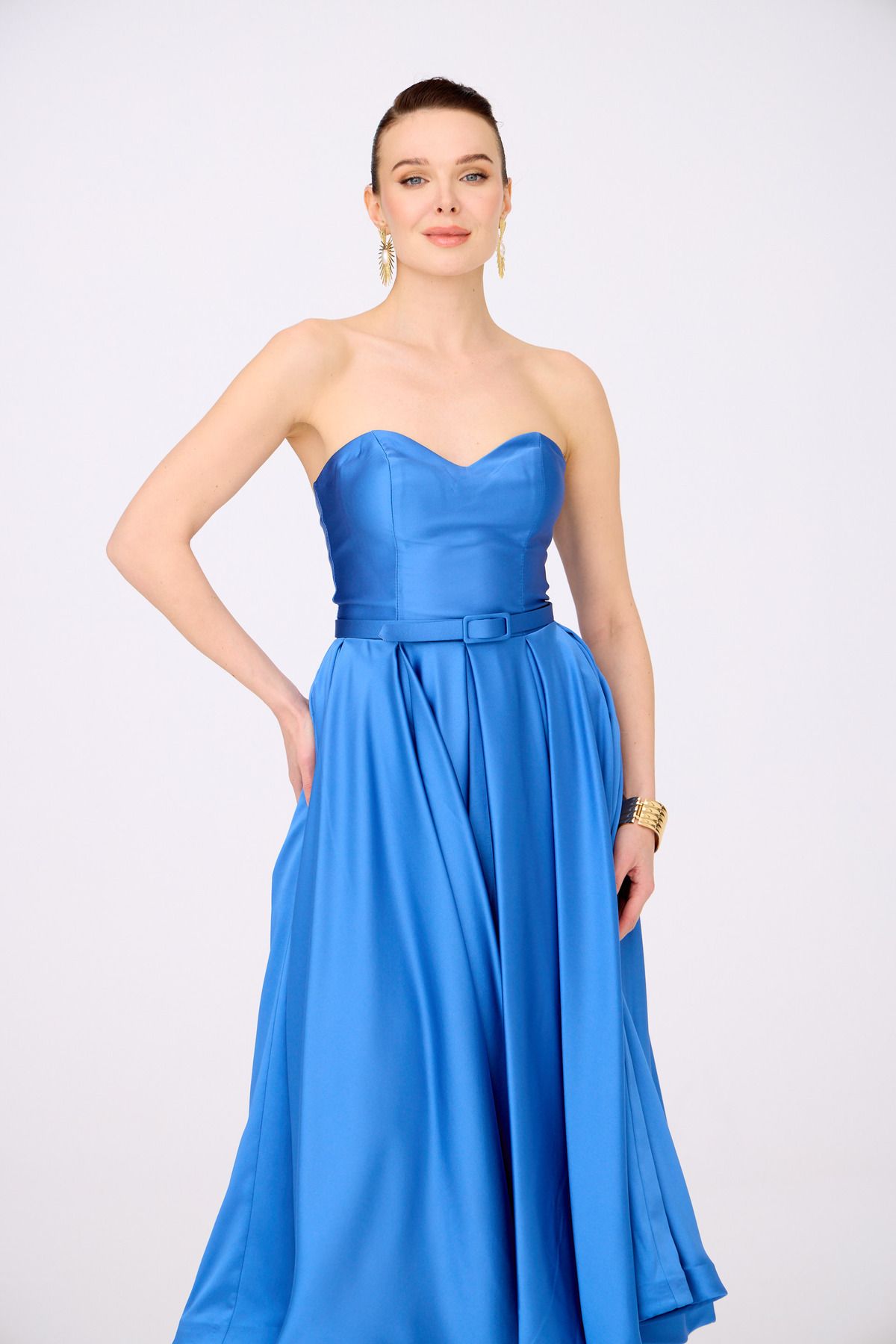 Carmen Indigo Satin Strapless Midi Promise Dress and Engagement Dress