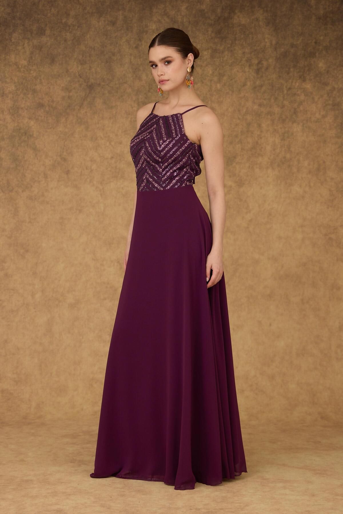 Carmen Plum Halter Sequined Long Evening Dress.