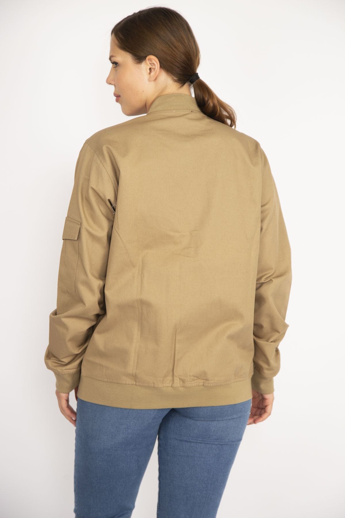 Şans Women's Camel Plus Size Front Zippered Pocket Detailed Unlined Coat