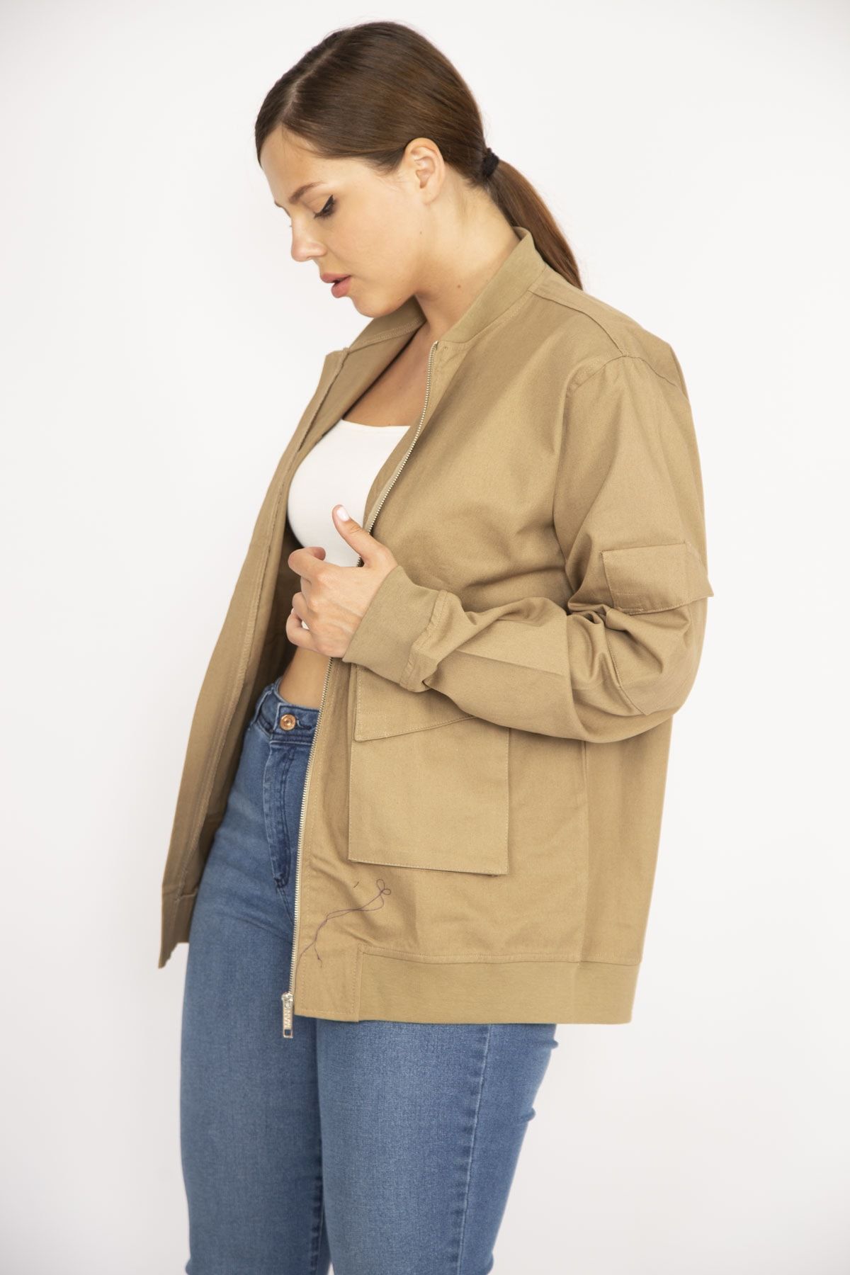 Şans Women's Camel Plus Size Front Zippered Pocket Detailed Unlined Coat