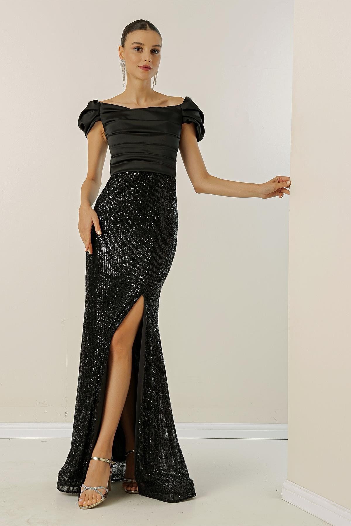 By Saygı Madonna Neck Low Sleeve Front Draped Astered Top Satin Bottom Sequined Long Dress