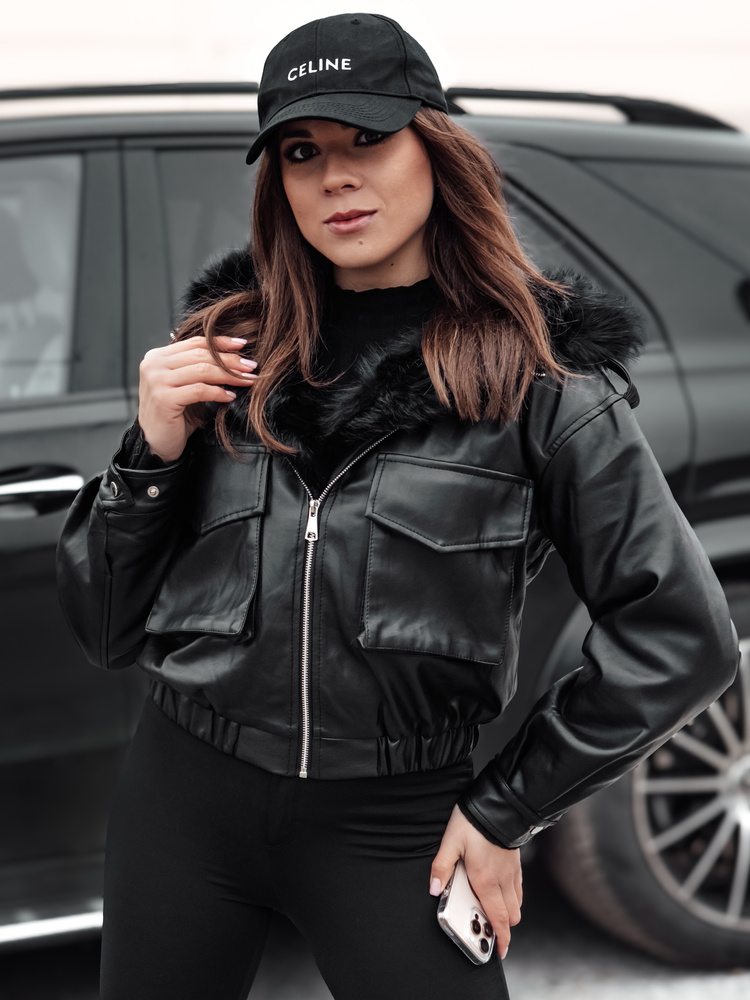 Geacă de piele pentru femei cu glugă și blană