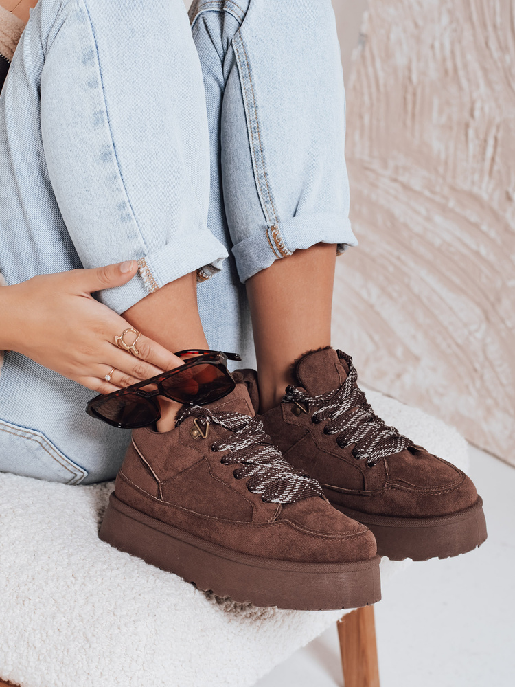 Sneakersy damskie z futerkiem na platformie brązowe Dstreet