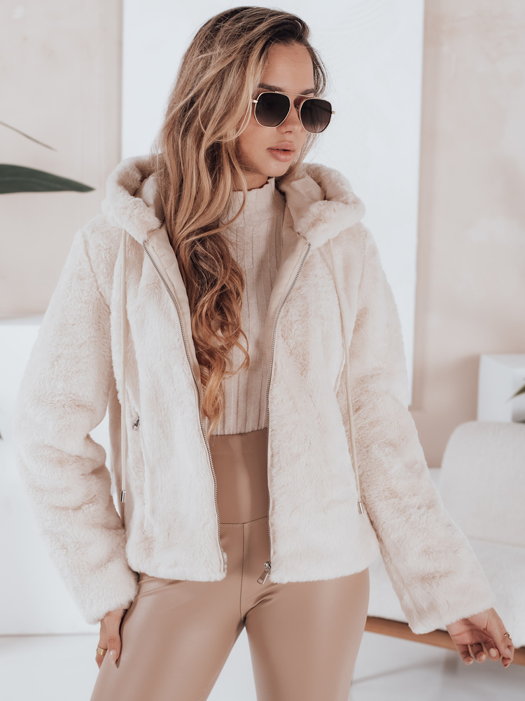 Płaszcz damski krótki ELMIRIS beżowy futerkowy Dstreet