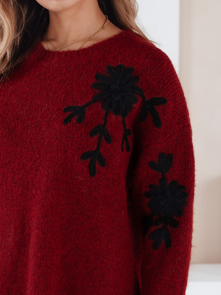Pulover bordo pentru femei cu aplicații florale