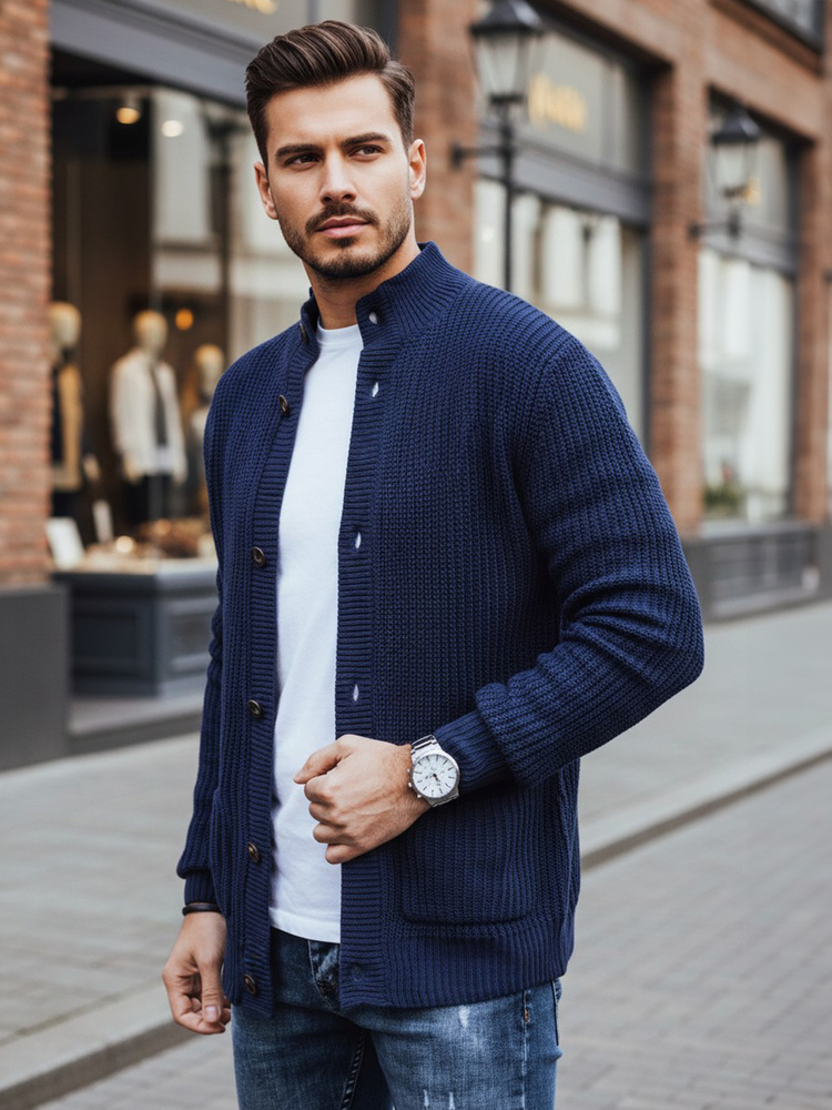 Pulover albastru cu nasturi pentru bărbați