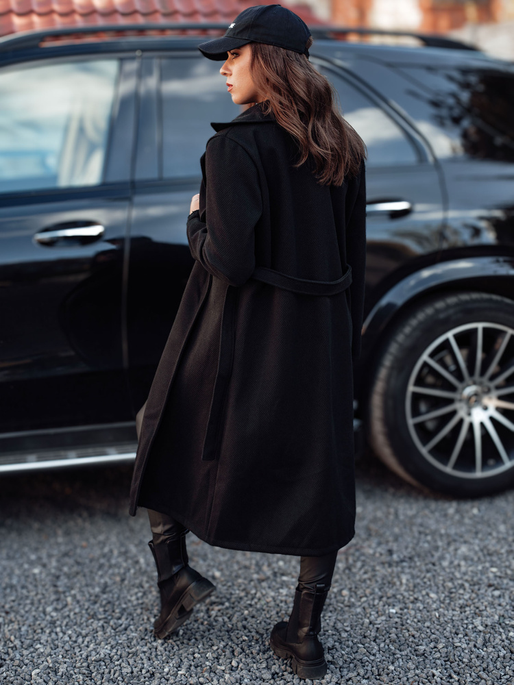 Płaszcz damski oversize CASHMELY długi drobno prążkowany czarny Dstreet