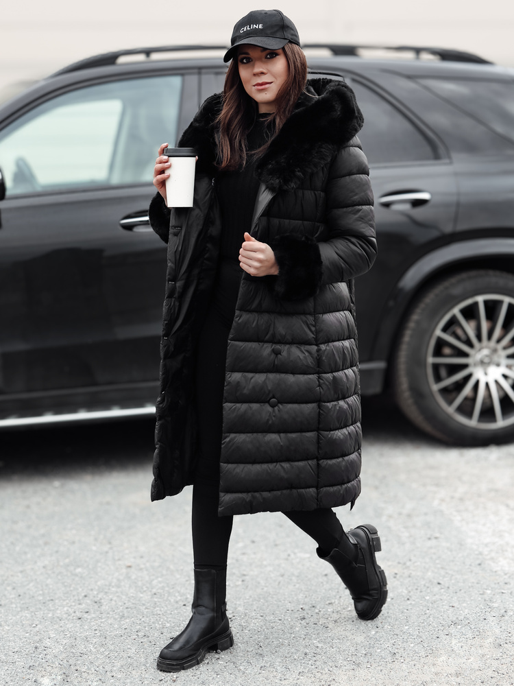 Geacă lungă de iarnă neagră pentru femei ZAELEGANTE