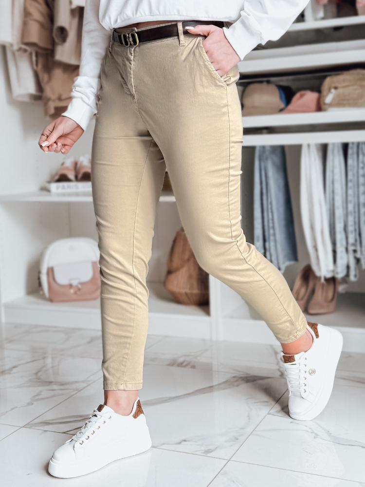 Spodnie damskie slim fit z paskiem LINESKA ciemnobeżowe Dstreet