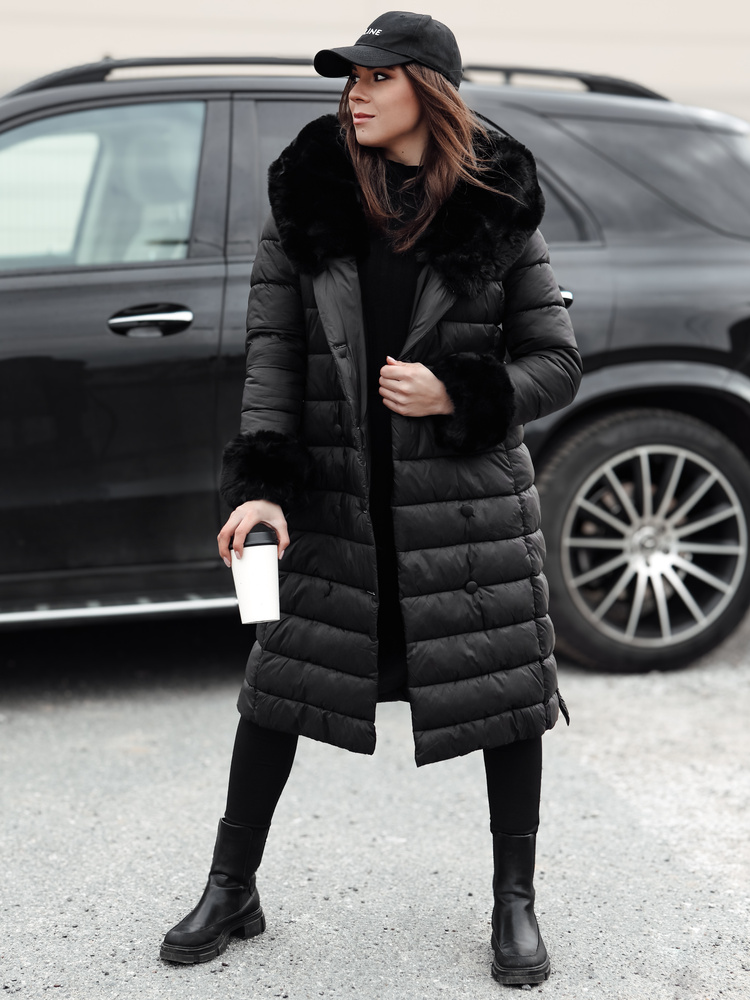 Geacă lungă de iarnă neagră pentru femei ZAELEGANTE