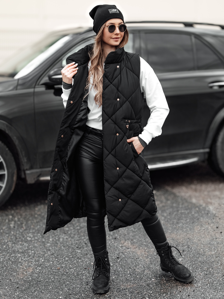 Vestă lungă matlasată neagră pentru femei